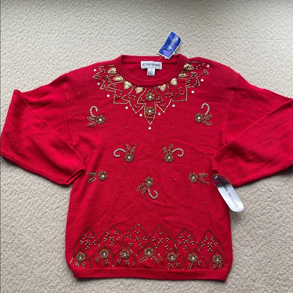 NWTS Victoria Harbour Vintage Red Beaded Embellished Sweater Women’s Medium